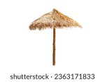Small photo of Dicut of the Straw beach umbrella isolated on white background with clipping path.Straw beach rattan parasol.