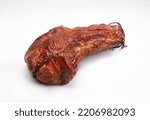 Small photo of Gammon, smoked ham - in one piece, horizontal view, isolated on a white background. Homemade, Polish cold cuts. Traditional meat product, a packshot photo for package design, template.