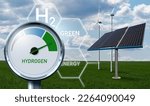 Small photo of Hydrogen gauge with tree colors - gray, blue and green on a background of solar panels and wind turbines. Green hydrogen production concept