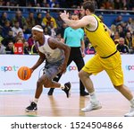 Small photo of KYIV, UKRAINE - SEPTEMBER 26, 2019: Thaddus McFadden of San Pablo Burgos (L) and Viacheslav Petrov of BC Kyiv Basket in action during their FIBA Basketball Champions League Qualifiers game in Kyiv