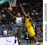 Small photo of KYIV, UKRAINE - SEPTEMBER 26, 2019: Thaddus McFadden of San Pablo Burgos (L) and Aundre Jackson of BC Kyiv Basket in action during their FIBA Basketball Champions League Qualifiers game in Kyiv