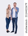 Small photo of Couple Silence Sign. Couple Shush. Couple Standing Isolated. Sign