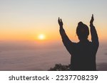 Small photo of Silhouette of Human hands open palm up worship. Eucharist Therapy Bless God Helping Repent Catholic Easter Lent Mind Pray. Christian Religion concept background. fighting and victory for god.