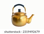 Small photo of jug, Copper desert tea pot, antique metal teapot isolated on white background, antique kettle, golden teapot, metal teapot, Chinese tea pot on white background, antique teapot, golden tea pot, metal
