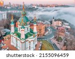 Small photo of Aerial view of St. Andrew's Church and St. Andrew's Descent in heavy fog, Kiev Ukraine
