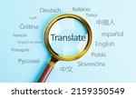 Small photo of Translate text, International language translation search concept with magnifying glass. Concept of online translation from foreign language