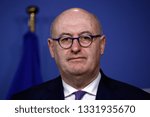 Small photo of Brussels, Belgium. 7th March 2019. Phil HOGAN, EU Commissioner and Tom ARNOLD, Chairman of the Taskforce gives a press conference on the handing of the Rural Africa Taskforce Report and Recommendation