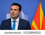 Small photo of Brussels, Belgium. 16th October 2019. Prime minister of North Macedonia Zoran Zaev holds a press conference at the EU Commission headquarters.