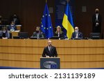 Small photo of European Council President Charles Michel delivers a speech during a special plenary session of the EU Parliament focused on the Russian invasion of Ukraine in Brussels, Belgium on March 01, 2022.