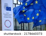 Small photo of Brussels, Belgium. 06th July 2022. A view of a banner inside the EU Council marking the taking over of the rotating presidency of the European Council by Czechia.