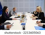 Small photo of Annita Demetriou, Speaker of the House of Representatives of Cyprus meets the Belarusian opposition leader Svetlana Tikhanovskaya in European Parliament in Brussels, Belgium on October 12, 2022.