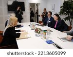 Small photo of Annita Demetriou, Speaker of the House of Representatives of Cyprus meets the Belarusian opposition leader Svetlana Tikhanovskaya in European Parliament in Brussels, Belgium on October 12, 2022.