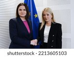 Small photo of Annita Demetriou, Speaker of the House of Representatives of Cyprus meets the Belarusian opposition leader Svetlana Tikhanovskaya in European Parliament in Brussels, Belgium on October 12, 2022.