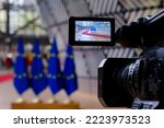 Small photo of EU flags in EU Council building during the meeting of Eurogroup Finance Ministers, at the European Council in Brussels, Belgium on Nov. 7, 2022.
