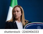Small photo of Italy's Prime Minister Giorgia Meloni speaks during a press conference after an extraordinary meeting of a EU Summit at The European Council Building in Brussels, Belgium on February 10, 2023.