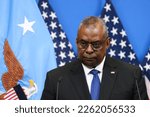 Small photo of US Secretary of Defense Lloyd Austin speaks during a press conference during a two-day meeting of the alliance's Defence Ministers at the NATO Headquarters in Brussels, Belgium on February 14, 2023.