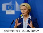 Small photo of European Commission President Ursula von der Leyen speaks during a media conference after a meeting of the College of Commissioners at EU headquarters in Brussels, Belgium on Jun. 20, 2023.
