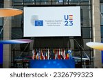 Small photo of Brussels, Belgium. 4th July 2023. A view of a banner inside the EU Council marking the taking over of the rotating presidency of the European Council by Spain.