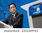Small photo of Japanese Prime Minister Fumio Kishida attends a press conference during a EU-Japan summit, in Brussels, Belgium July 13, 2023