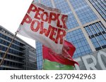 Small photo of Trade union and civil society organization members hold banners as they gather to demonstrate against the federal government's draft law on protest ban in Brussels, Belgium on October 5, 2023.