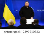 Small photo of Press conference by President of European Parliament Roberta Metsola and Ruslan STEFANCHUK, Speaker of the Ukrainian Parliament (Verkhovna Rada) in Brussels, Belgium on Nov. 28, 2023.