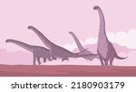 Big sauropod with a long neck and tail. Herd of lizards in the mountain desert. Herbivorous dinosaur sauropod of the Jurassic period. Prehistoric pangolin. Vector cartoon illustration