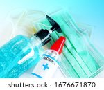 Small photo of Set of germ protection with sanitary masks, sanitizing gel and alcohol spray, prevent germs coronavirus or covid-19 (2019-ncov). Prevention of germs by yourself.