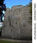 Exterior of Medieval 12th centrury Castle Keep outside south entrance to Maynooth University, in County Kildare, Ireland