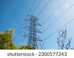 HIgh voltage transmission network lines in Australia . Double Circuit Steel pole transmission tower. Overhead transmission lines conductors. Electricity pylon