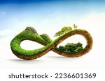 3d illustration of infinity environment concept. infinite earth land with green grass isolated. Eco and circular economy concept. Earth land with green grass isolated on blue sky background.