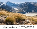 hiking track in Mount Cook National Park with view of Mt Cook, Hooker valley and glacial lakes in Southern Alps, New Zealand