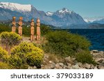 wooden sculptures at Nahuel Huapi Lake in Argentina