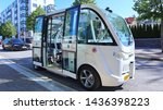 Small photo of Robot bus, driverless bus on its route in Southern Helsinki. Autonomous bus drives along its route like a lift. It scans its surroundings and knows when to slow down. Helsinki, Finland -06-28-2019