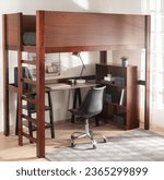 Small photo of Modern Workspace Bedroom with a Mid-Century Full Loft Bed, Wooden Corner Desk with Storage and Computer, Accented by a Black Office Chair, Against White Walls