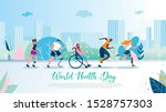World Health Day Flat Vector Banner. Disabled Multinational Men and Women with Leg Prosthesis Running and Riding Wheelchair Outdoors Illustration. Handicapped People Active and Healthy Lifestyle