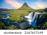 Beautiful valley of waterfalls landscape. Iceland waterfall valley. Waterfall valley landscape. Icelandic waterfall landscape