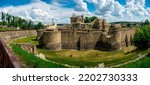 Walls of a medieval fortress. Medieval fortress panorama. Fortress ruins panoramic landscape. Medieval stronghold view