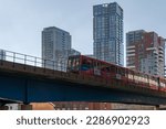 Small photo of 04.04.2023. London, UK. Docklands Light Railway (DLR) transportation serves the Canary Wharf financial district.