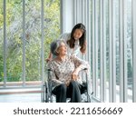 Small photo of Happy Asian elderly woman, mother or grandparents on wheelchair taking care by caregiver, smiling young female, daughter or grandchild supporting at home on green nature background, senior healthcare.