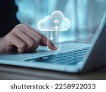 Small photo of Cloud computing technology management concept. Cloud with digital lock icons appearing while business people working with laptop computer, transfer data by finger on touchpad. Protection and security.
