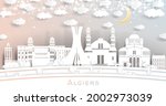 Algiers Algeria City Skyline in Paper Cut Style with White Buildings, Moon and Neon Garland. Vector Illustration. Travel and Tourism Concept. Algiers Cityscape with Landmarks.