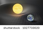 Gravity and general theory of relativity concept. Earth and Sun on distorted spacetime. 3D rendered illustration.