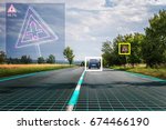 Autonomous self-driving car is recognizing road signs. Computer vision and artificial intelligence concept.