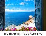 Small photo of Scenic open window view of the Mediterranean Sea from a room along the Amalfi Coast near Sorrento, Italy