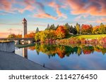 Colorful autumn sunset at Riverfront Park along the Spokane River in downtown Spokane, Washington, USA.	