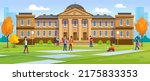 A diverse group of students before a university campus building, college or library. Young people walk with books in a garden and talk before studying. Cartoon style vector illustration.