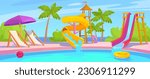 Landscape view of an empty water park with fun water slides and an outdoor swimming pool. Family vacation at a resort with an aqua park. Kids recreation in the summer. Cartoon vector illustration