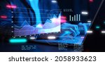 Small photo of Business finance data analytics graph chart report, man using laptop computer hand typing investment data digital marketing KPI sale report, financial management technology, cyber space metaverse.