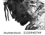Small photo of A black and white portrait of a man combined with various abstract lines in a paintography technique. A mess of thoughts.