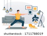 guy stands in a warrior pose... | Shutterstock .eps vector #1711788019